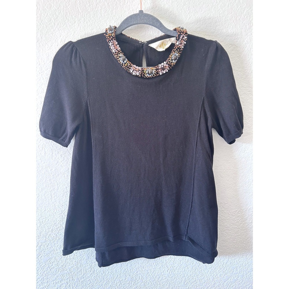 HWR Anthropologie Beaded Collar Knit Sweater Top Black Silk Cotton Blend SZ S